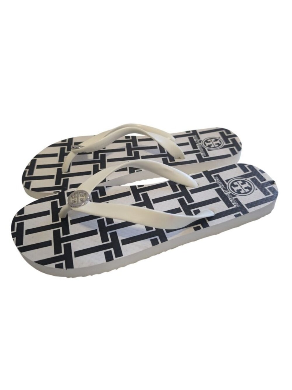 Tory Burch Thin Flip Flop Sandals Black White T-Link Geometric Logo Size 9